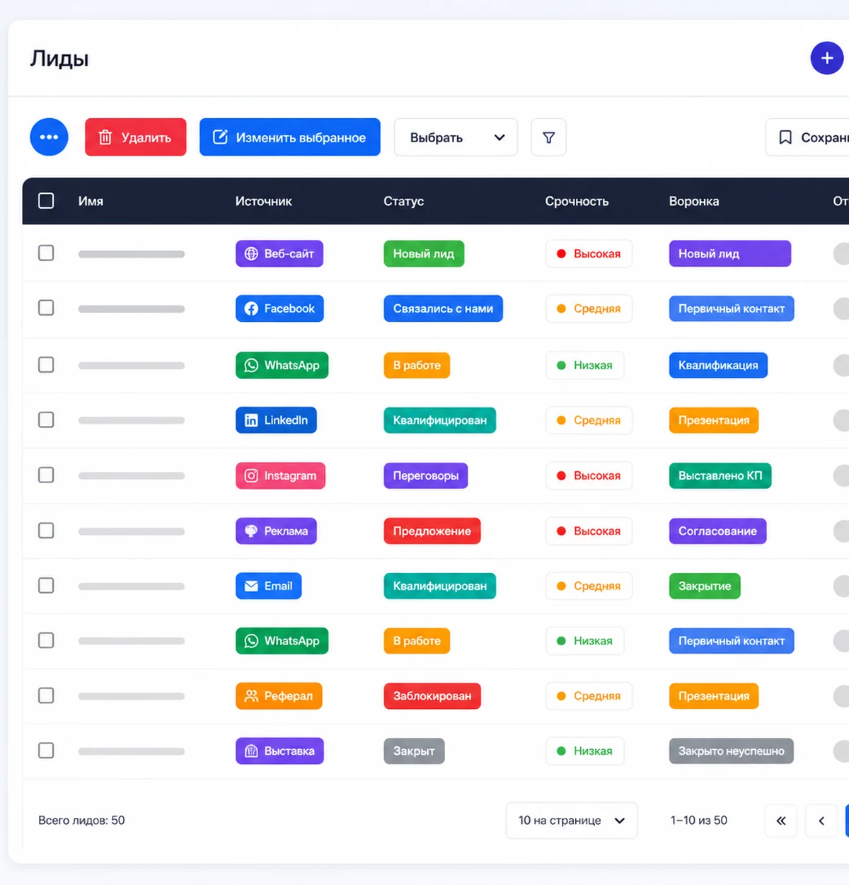 Список лидов в CRMOnline: источник WhatsApp, Facebook или сайт, статус, срочность и этап воронки